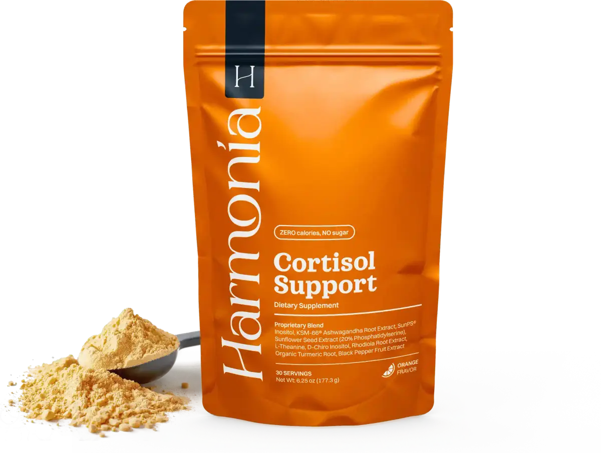 Harmonia Cortisol Support orange supplement bag with scoop of powder